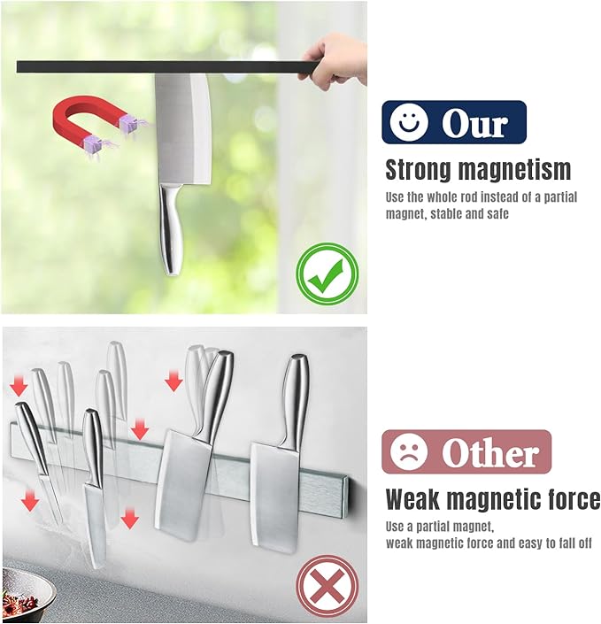 Dmore magnetic knife holder for wall—with 4 hooks, No Drilling 23 Inch black knife magnetic strip, Powerful knife magnet rack, include Adhesive Tape and screws for Knives, Utensils, and Tools