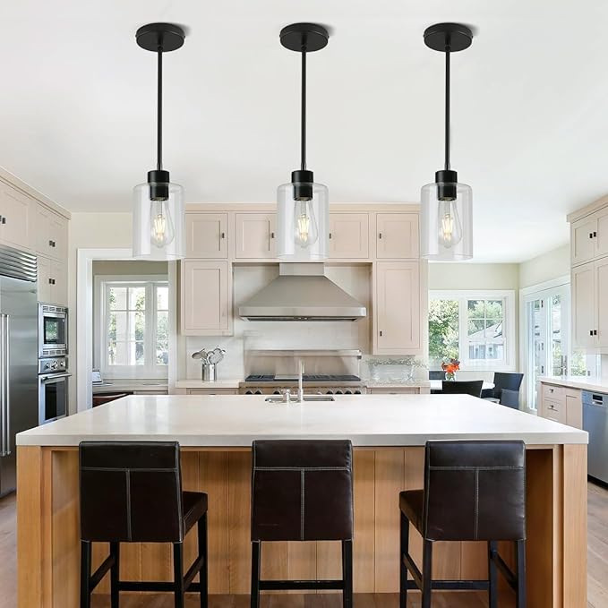 Black Pendant Lights Kitchen Island - Clear Glass Pendant Light Fixture Multiple Stems Rods 3 Units 12 Inch 3 Units 4 Inch (Black 3 Pack Stem Rod)