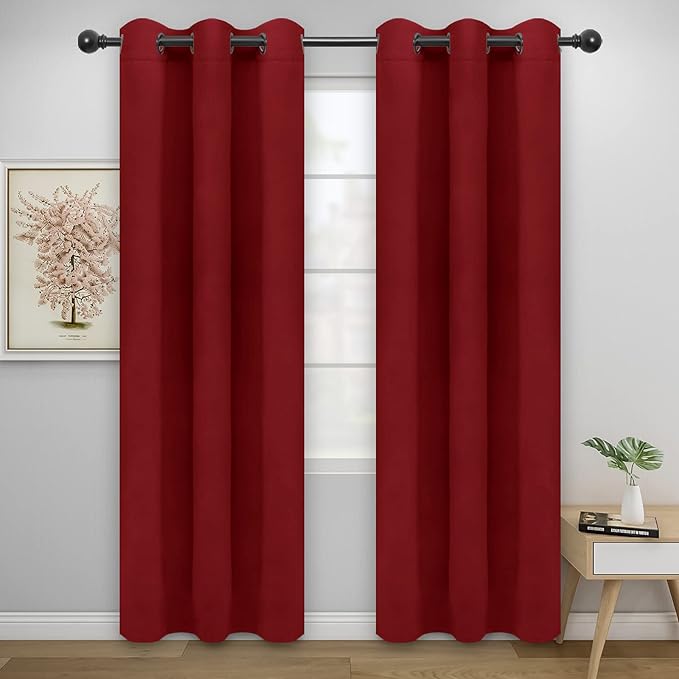 Easy-Going Blackout Curtains for Bedroom, Solid Thermal Insulated Grommet and Noise Reduction Window Drapes, Room Darkening Curtains for Living Room, 2 Panels(42x84 in, Christmas Red)