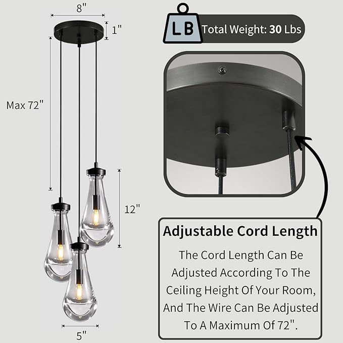 Bronze 3 Light Pendant Lighting, Raindrop Pendant Lights, Black Adjustable Hanging Rope Cluster Pendant Lighting Over Kitchen Island, Teardrop Glass Chandelier Dining Room Light Fixture