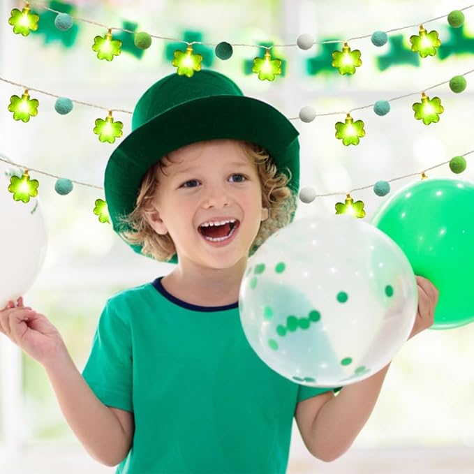 9.85Ft St Patricks Day Lights Garland 20 Pompoms 20 LEDs Green Lucky Clover Lights Shamrock String Lights with Timer for Indoor Bedroom Party Bar Garden St. Patrick's Day Decoration Green Irish Decor