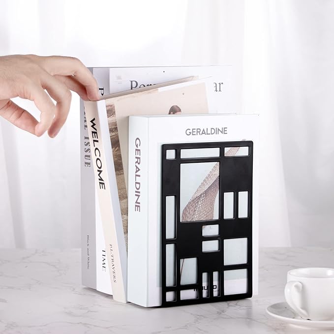 Book Ends, Bookends, Book Ends for Shelves, Bookends for Heavy Books, Book Divider Decorative Holder, Metal Heavy Duty Bookend Black 2 Pair, Abstract Art Desgin Book Stopper Supports for Office, Home