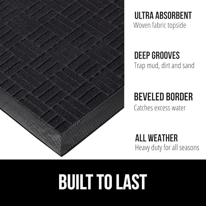 GORILLA GRIP 100% Waterproof All-Season WeatherMax Doormat US Designed Natural Rubber, Stain and Fade Resistant, Low Profile Indoor Outdoor Door Mats, Easy Clean Patio Mat, 17x29, Midnight Maze