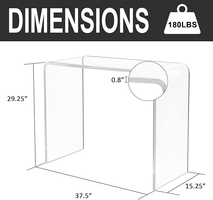 Acrylic Console Table, 37.5” L Thick Modern Entryway Table for Hallway, Living Room, Clear Acrylic Desk, 37.5” W x 29.25” H x 15.25” D, 220LBS Weight Capacity.