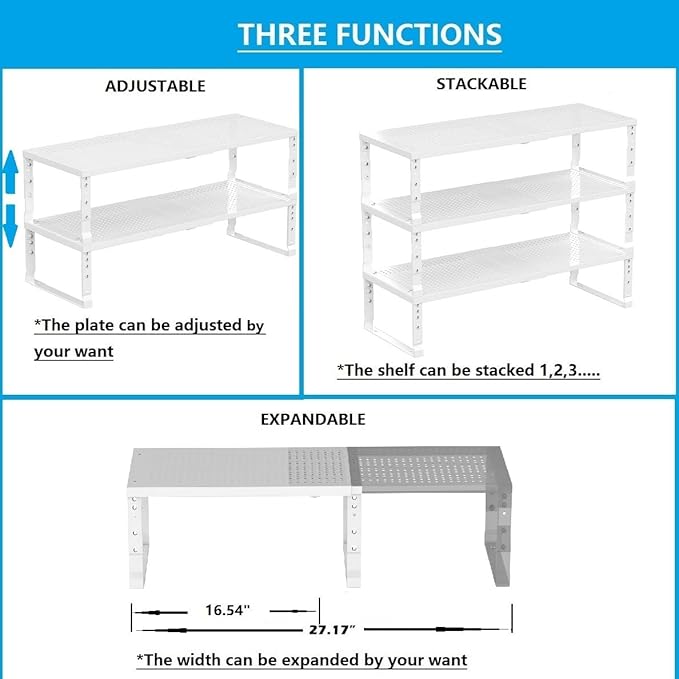 Expandable,Adjustable & Stackable Spice Rack, Cabinet Kitchen Countertop Shelf Organizer,Metal Pantry Storage Shelves - Space-Saving Storage Solution(1Pack/White/Large)