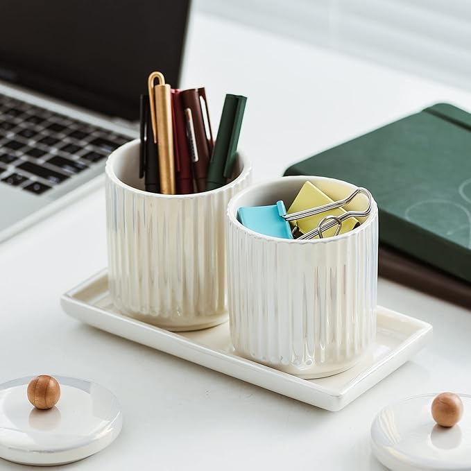 Ceramic Bathroom Canister Set with Coordinating Small Vanity Tray Qtip Holder Dispenser for Cotton Ball,Swab,Pads, Floss, Bathroom Storage Jars with Lids Pearl White