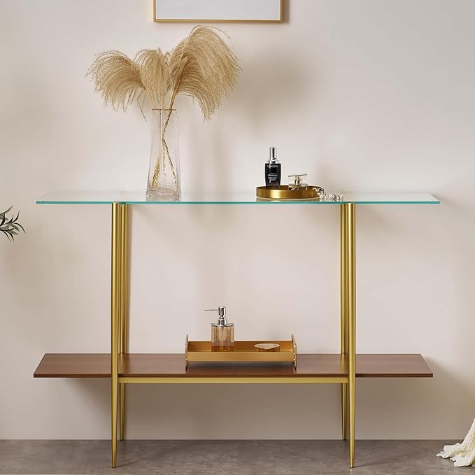 Extra Large Glass Console Table for Living Room, Foyer & Entrance, L47 x W16 x H31, Mid-Century Modern Sofa Table with Clear Glass Top, Walnut Finish Wood Top and Gold Finish Metal Frame