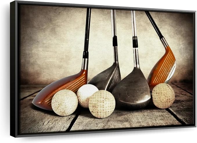 ElephantStock Golf Sets Wall Art - Horizontal Framed Canvas - 1-Piece Mancave Wall Decor - Photography Sports Canvas Print - Yellow and Brown Decor for Wall - 13" X 9"