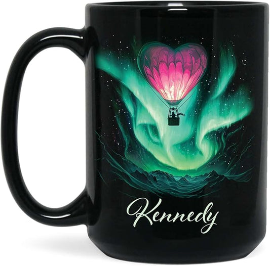 Customized Name Coffee Cup, Custom Hot Air Balloon Mug With Heart-Shaped, Personalized Northern Lights Ceramic Mug, Gift For Couples On Valentine's Day, Love Black Cup 11oz Or 15oz