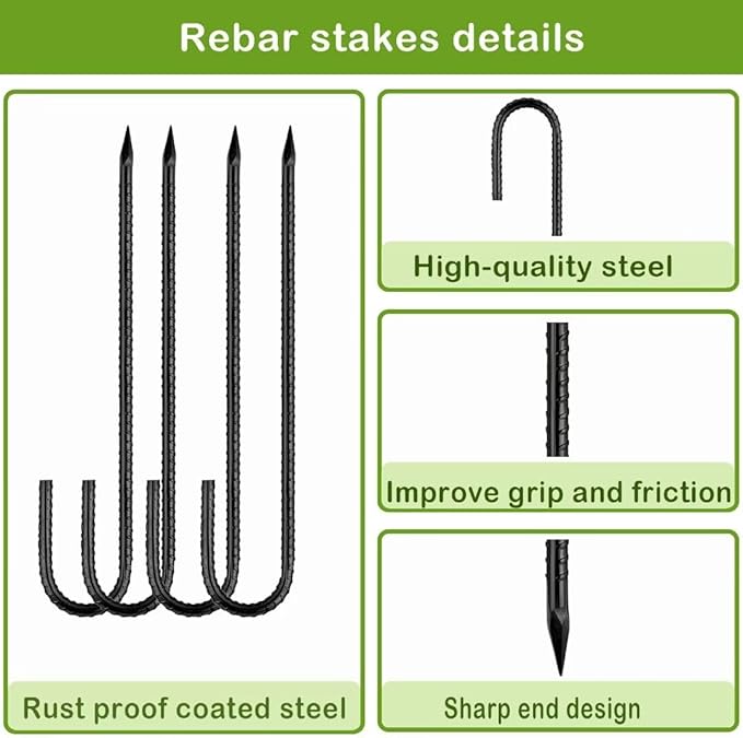 Ground-Stakes-Heavy-Duty-12 inch, J-Hook Rebar Stakes Black Coated Anti-Rust 50pcs Garden Stakes Metal Ground Anchors for Garden Dog Fence Chicken Coop Christmas Decorations Deer Fence