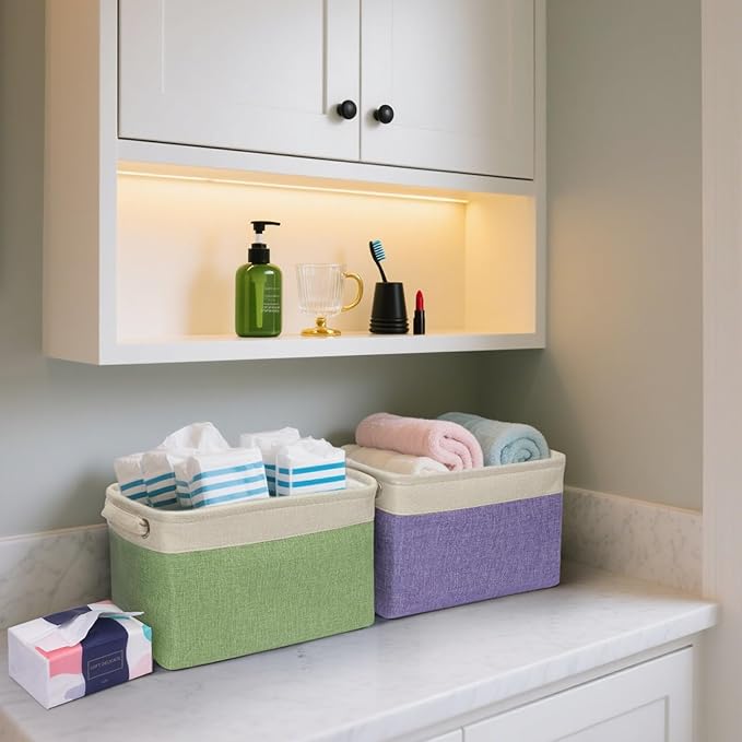 BALEINE 2 Pack Fabric Storage Bins for Shelves, Linen Storage Baskets for Organizing, Decorative Closet Bins for Clothes, Home (Lavender, 12"x8"x8")