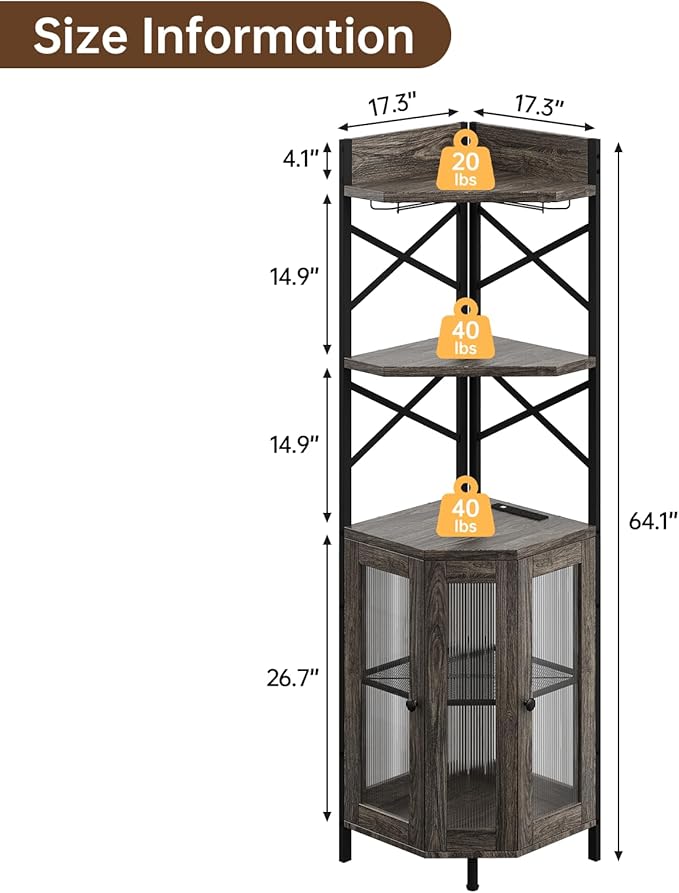Corner Bar Cabinet with Power Outlet, 5-Tier Corner Wine Cabinet with Led Strip and Glass Holder, Industrial Tall Liquor Cabinet Bar Wine Rack for Home, Grey Oak