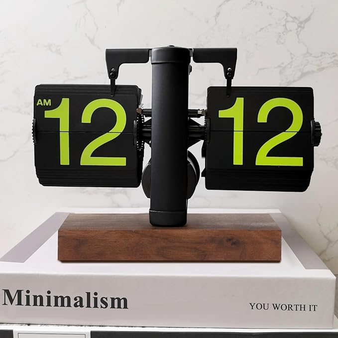 Flip Desk Clock, Retro Vintage Flip Desk Table Clock, Digital Sided Large Numbers Mechanical Flip Clock Wood Base for Living Room, Study Room and Office（Frosted Black）