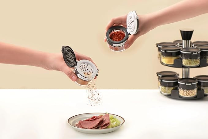 360 rotating 2 tier jars spice rack (6 small 6 large spice jars) Revolving Seasoning Organizer. Spinning Spice Rack for Counter top and Cabinet WITH Custom Label Stickers.