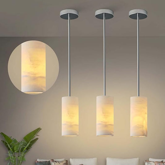Alabaster Pendant Lights Kitchen Island, Nickel Hand Carved Alabaster Cylinder Pendent, Spanish Natural Marble Light Pendant for Bedroom Bathroom Dining Room Living Room- 3 PC
