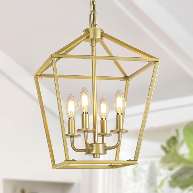 4 Light Gold Chandelier, Industrial Ceiling Light Lantern Light Fixtures with Farmhouse Metal Cage Adjustable Height Rustic Geometric Hanging Light E12 Base for Kitchen Island, Entryway, Indoor