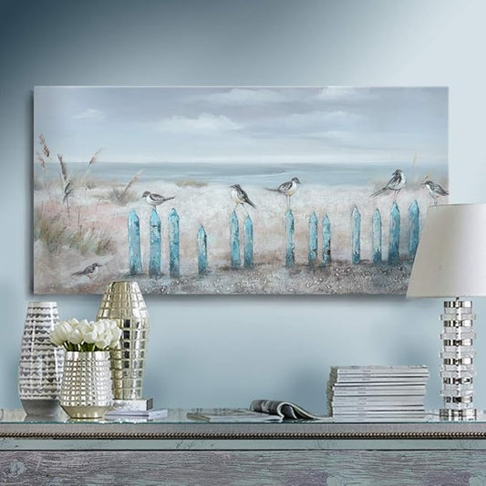 amatop Ocean Beach Wall Art 3D Framed Hand-Painted Seascape Oil Painting Perching Bird Canvas Artwork 'The Tranquility by The Sea Shore' for Living Room Bedroom Decor Coastal Blue