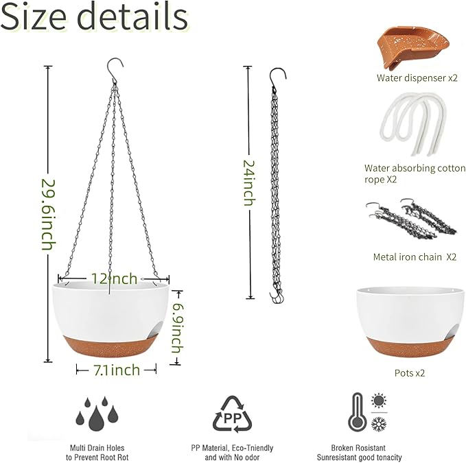 2 Pack Hanging Planters for Indoor Outdoor Plants, 12 Inch Self Watering Hanging Pot with Drainage Holes and Saucer, Plastic Plant Pots, White Brown Flower Pots for Kitchen, Balcony, Garden