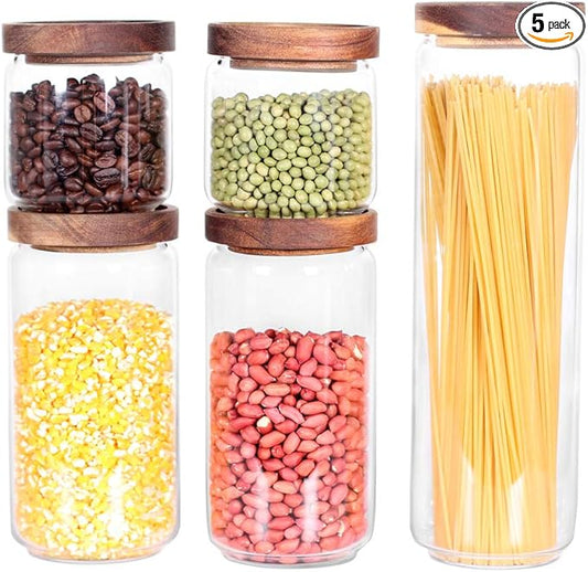 Glass Canisters Set of 5 for the kitchen, Glass Storage Container jars with Airtight Acacia Lid for Coffee Beans, Flour, Sugar, Rice and Spaghetti and etc