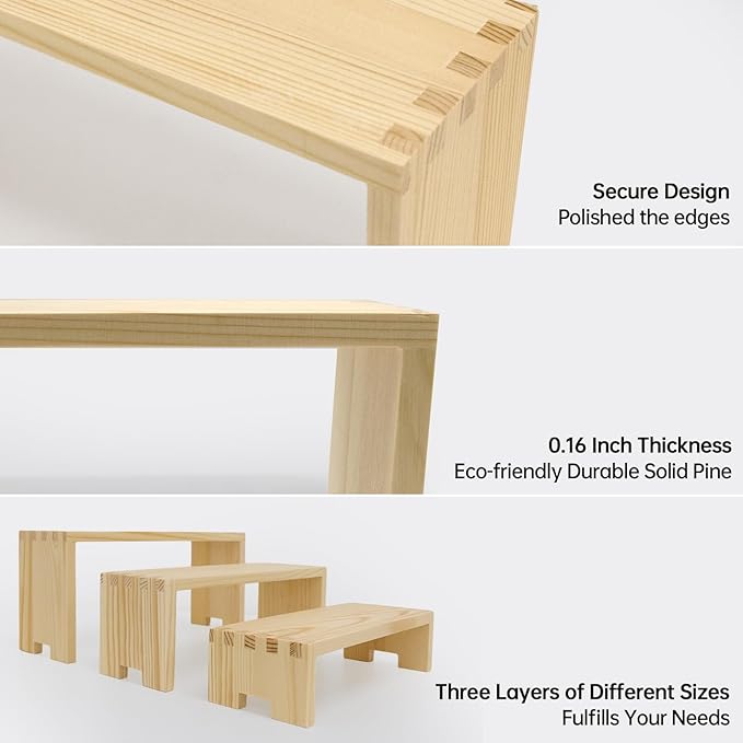 Display Wood Risers Wooden Stand 3 Tier Wood Racks Decorative Rectangular, 2 Set 6 Piece Cupcake Stands Cologne Perfume Organizer Dessert Showcase(Nature)