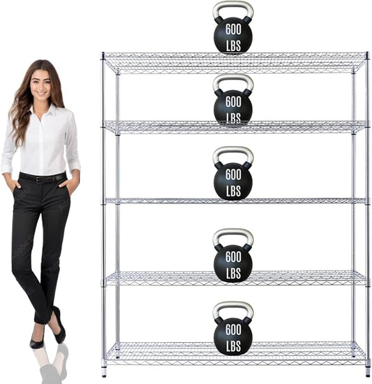 60"x24"x72" PRIME HEAVY DUTY Chrome 5-Tier Wire Shelving NSF 3000 LBS MAX Capacity Storage Rack for Commercial, School, Home, Garage, Warehouse, Industrial, and Hospital Uses (with Wheels)