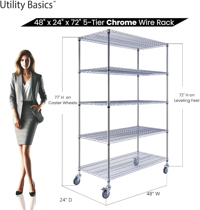 48"x24"x72" Chrome 5-Tier PREMIUM Wire Shelving NSF 4000 LBS MAX CAPACITY Heavy Duty Steel Storage Rack for Warehouses, Garages, Hospitals, Commercial Spaces, & Schools w/PREMIUM WHEELS