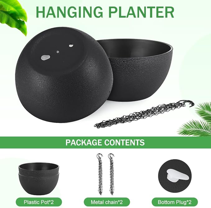 13 inch Hanging Planters for Indoor Plants, 2 Pack Planters for Outdoor Plants with Drainage Holes and Chain, Round Plastic Hanging Baskets, Hanging Flower Pots for Balcony Garden Decor-Black