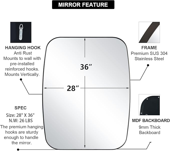 ANDY STAR Brushed Bronze Mirror, 28x36 Inch Stainless Steel Metal Frame Oblong Bathroom Mirror for Vanity, 1’’ Deep Wall Mounted Vertically/Horizontal