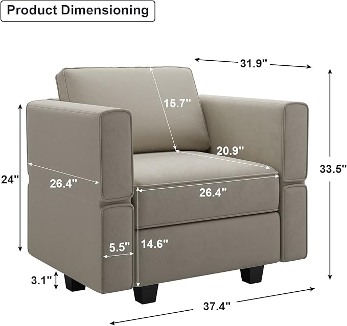 Belffin Modular Sectional Arm Chair Accent Chair with Storage Seat Single Club Chair for Apartment Velvet Grey