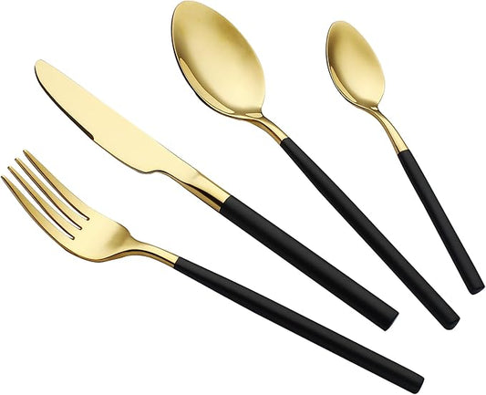 24 Piece Silverware Set For 6 Gold & Matte Black Handle Heavy duty 18/10 Stainless Steel Flatware Set Modern Design Knife/Fork/Spoon Mirror Polished Dishwasher Safe Cutlery Set with Gifts