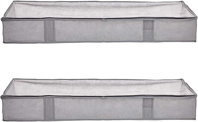 Amazon Basics Under Bed Fabric Zipper Blanket Storage Container Bags with Window and Handles, 2-Pack, 18 x 42 x 6 inches, Gray