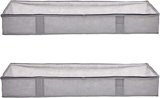 Amazon Basics Under Bed Fabric Zipper Blanket Storage Container Bags with Window and Handles, 2-Pack, 18 x 42 x 6 inches, Gray