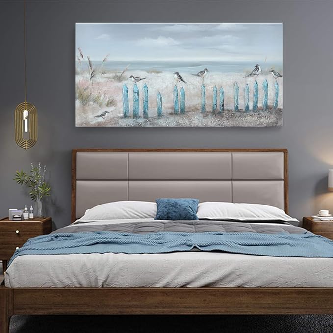 Big Wall Art for Living Room Extra Large Hand-painted Beach Oil Painting Ocean Sea Bird Seagull Canvas Artwork Framed Seascape Coastal Picture for Office Bedroom Decor 60 x 30 inch