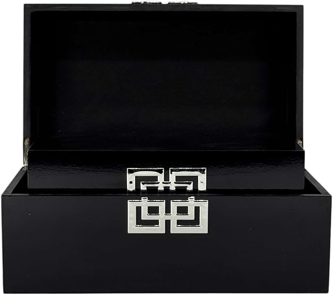 Galt International Storage Box Set Decorative Storage Box w/Hinged Lid Classic Design Wood Decor Boxes with Geometric Clasp Storage for Bedroom & Home - Set of 2 (Black & Silver)