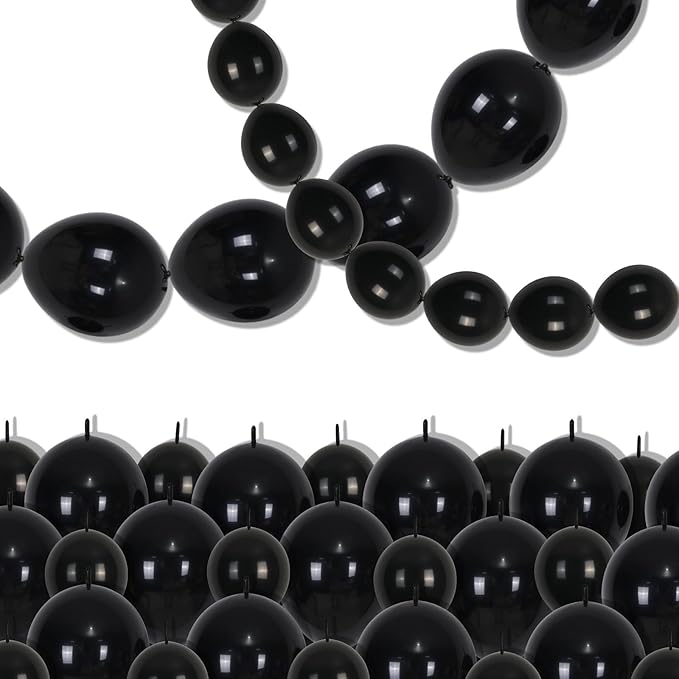 Black Linking Balloons, 120PCS Linked Balloon with Tail for Balloon Wall Arch and Chains, Quick Linkable Balloons for Wedding Birthday Baby Shower Engagement Graduation Party Decorations (6+10inch)