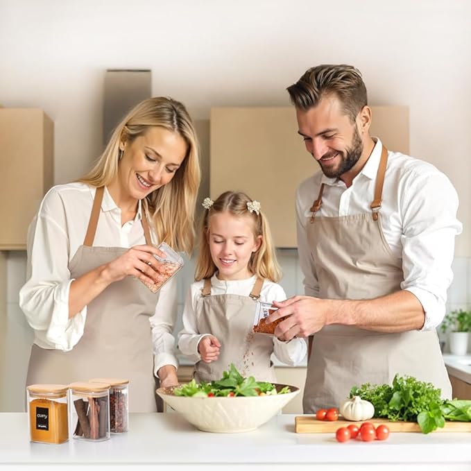 Comsaf Spice Jars with Label，8 oz Small Glass Jars with Lids, 6 Pcs Seasoning Containers, Rectangle Glass Containers with Lids, Empty Seasoning Jars for Pantry Storage, Loose Tea, Herbs, Powders, Salt