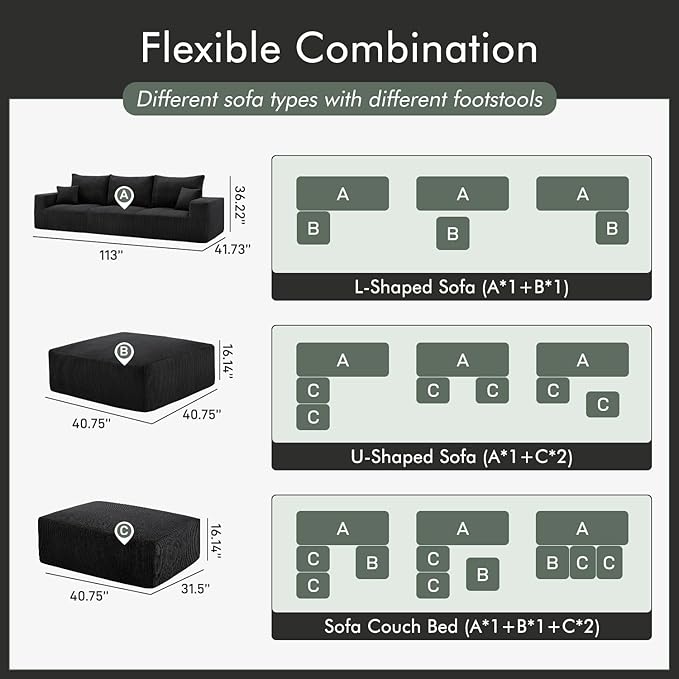 Boneless Sectional Cloud Couch Sofa Bed for Living Room, 112" Modular Modern Lounge 3 Seater Sleeper Black Couches with Chaise, No Assemble, Cordury Compression Upholstered Sofas