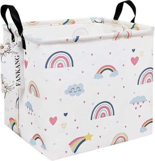 FANKANG Square Nursery Hamper Storage Bins Canvas Laundry Basket Foldable with Waterproof PE Coating Storage Baskets Gift Baskets for Children, Office, Bedroom, Clothes（Square-Love Rainbow ）