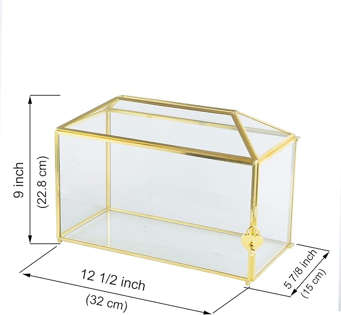 Glass Wedding Card Box with Slot, 12.6 inch Large Clear Card Box Gold Brass Gift Card Storage Box with Lock for Wedding Receptions, Baby Shower, Birthday Party, Bridal Shower
