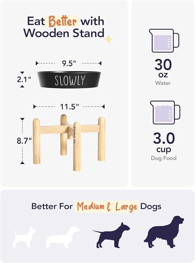 Ceramic Slow Feeder Dog Bowls Elevated, 3 Cups Raised Dog Bowl with Wooden Stand for Medium Large Breed to Slow Down Eating, Puzzle Food Bowl,Black