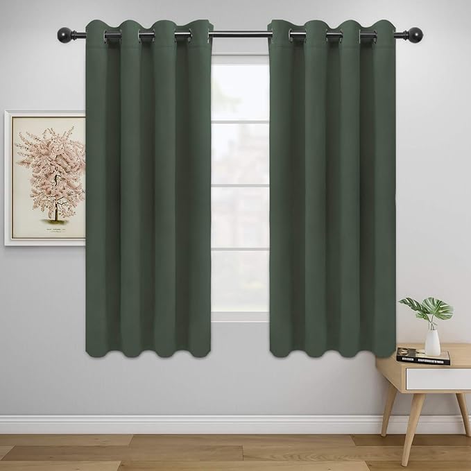 Easy-Going Blackout Curtains for Bedroom, Solid Thermal Insulated Grommet and Noise Reduction Window Drapes, Room Darkening Curtains for Living Room, 2 Panels (52x46 in,Greyish Green)