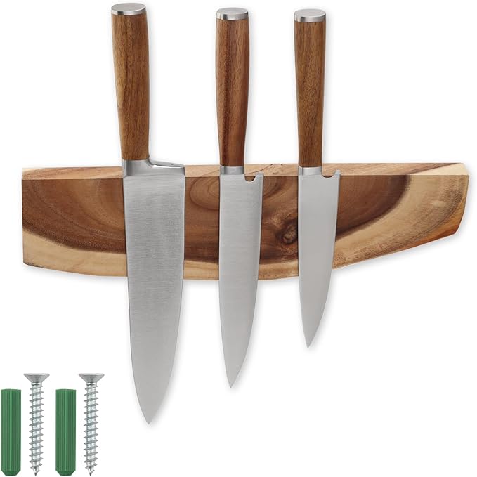 12.5 Inch Magnetic Knife Holder for Wall,Acacia Wood Knife Magnetic Strip,Knife Holder Wood Magnetic,No Drilling Knife Magnetic Strip-Strong Knife Magnet- for Kitchen Knives and Tools