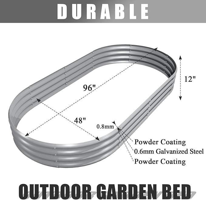 2 Pack 8x4x1FT Galvanized Raised Garden Bed Kit Oval Metal Ground Planter Box Outdoor Bottomless Planter Raised Beds for Vegetables Flowers Herbs Fruits, Gray