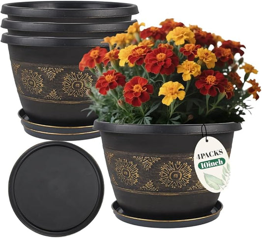 4 Pack 10 inch Plant Pots, Retro Pattern Planters with Drainage Holes and Saucer, Sturdy Plastic Garden Flower Pots for Indoor & Outdoor Plants