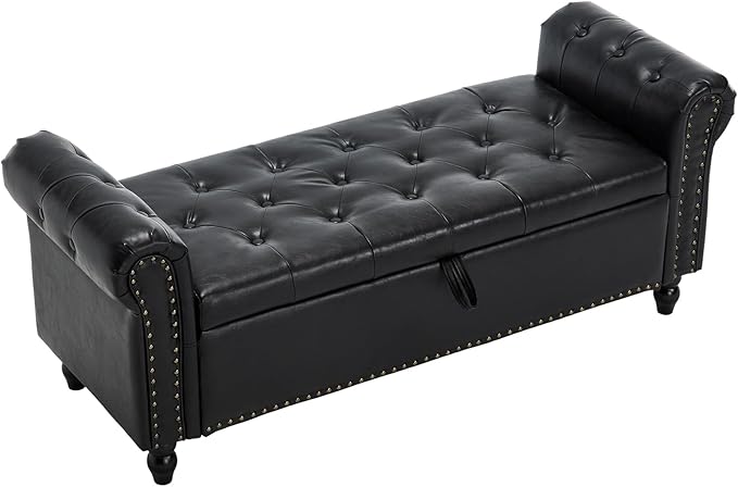 Furniliving 55” End of Bed Bench, Bedroom Bench with Button-Tufted, Large Upholstered Storage Ottoman Benches Entryway Bench with Storage Shoe Cabinet Bench, for Bedroom, Living Room, PU, Black