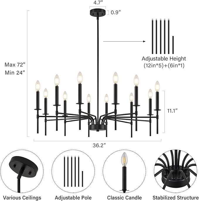 12 Light Black Chandelier Light Fixture, Modern Farmhouse Chandeliers for Dining Room Light Fixture, Metal Candle Pendant Chandelier for Foyer Entryway Stairs Living Room Bedroom Kitchen