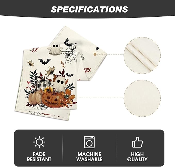 Artoid Mode Pumpkin Ghost Leaves Spider Web 210 GSM Halloween Table Runner, Spooky Kitchen Dining Table Decoration for Home Party Decor 13x72 Inch
