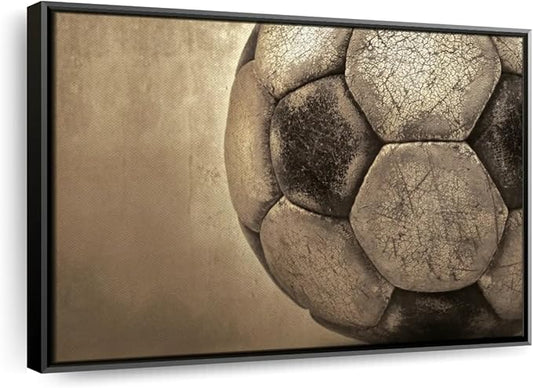 Elephant Stock Worn Soccer Ball Wall Art - Horizontal Framed Canvas - 1-Piece Living Room Wall Decor - Photography sports Canvas Print - Brown and Gray Decor for Wall - 25" X 17"