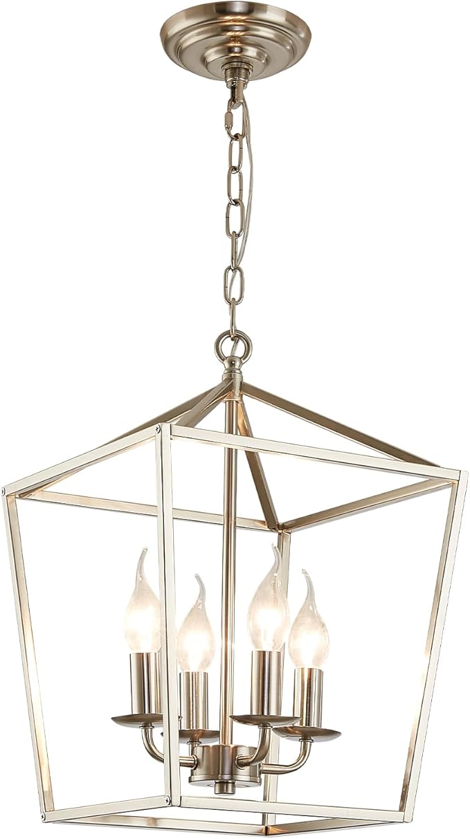 4-Light Brushed Nickel Farmhouse Chandelier, 12" Industrial Ceiling Light Lantern Pendant Light with Metal Cage Adjustable Height Rustic Hanging Light E12 Base for Kitchen Island Dining Room Entryway
