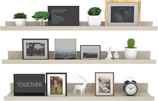Giftgarden 36 Inch Floating Wall Shelves Creamy White Beige Wood-Grain, Large Picture Ledge Long Wooden Shelfs for Bedroom Living Room Kitchen Bathroom Nursery Office, Set of 3 Different Sizes